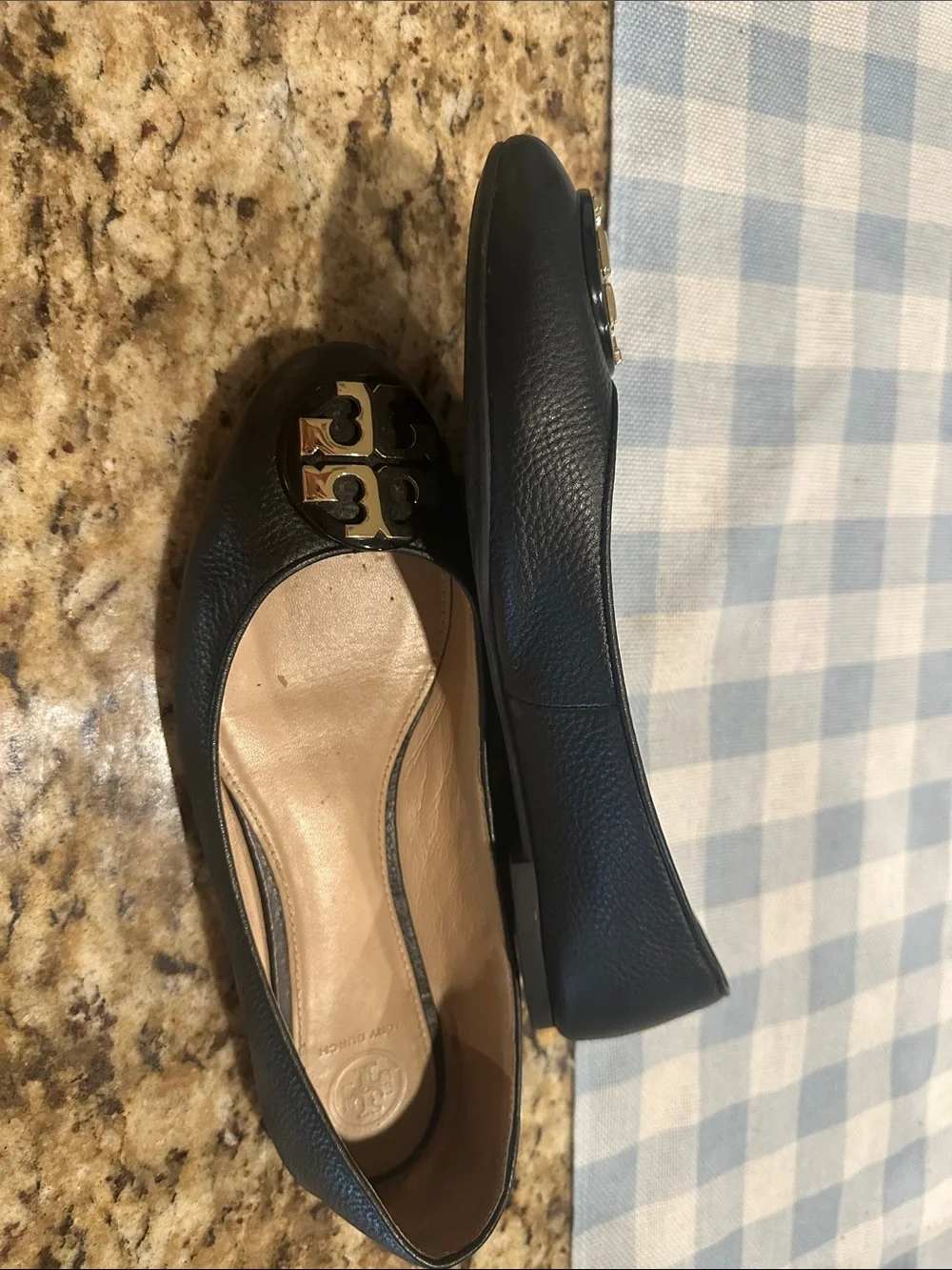 Tory Burch Black Leather Ballet Flats with Gold Logo Medallion